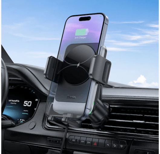 Hoco HW13 Wireless Air Outlet Car Phone Holder – Auto-Clamping Air Vent Mount with 15W Fast Charging – For iPhone & Android – UAE & KSA Edition